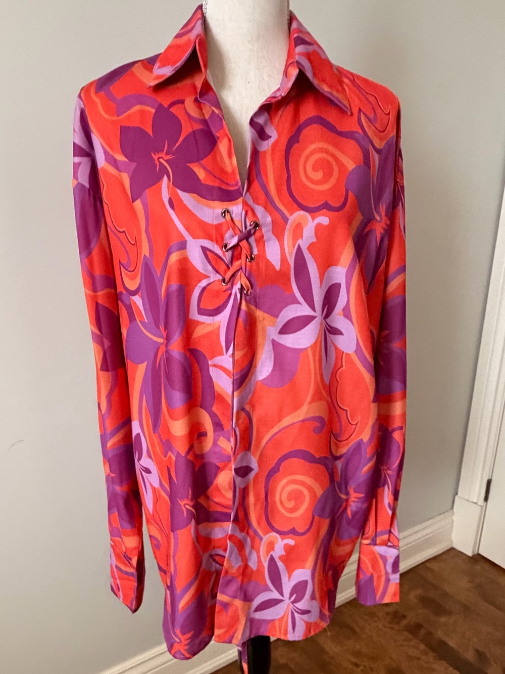 Come with Me Floral Button Down Shirt Orange & Purple Size Large Like New